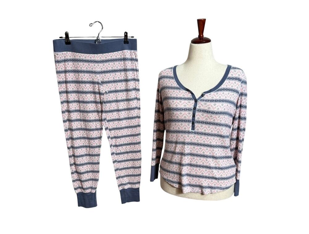 Victoria’s Secret sleep set pink & gray stripe long sleeve v neck loose comfy  M